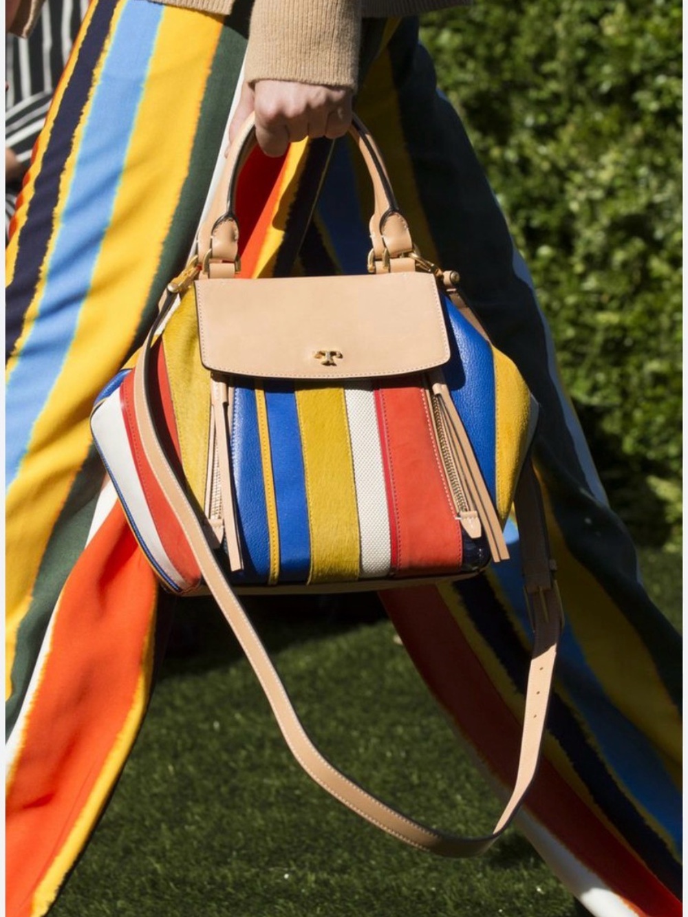 Tory Burch Half Moon Satchel Multi Stripes Leather Suede Calf Hair Canvas NWOT